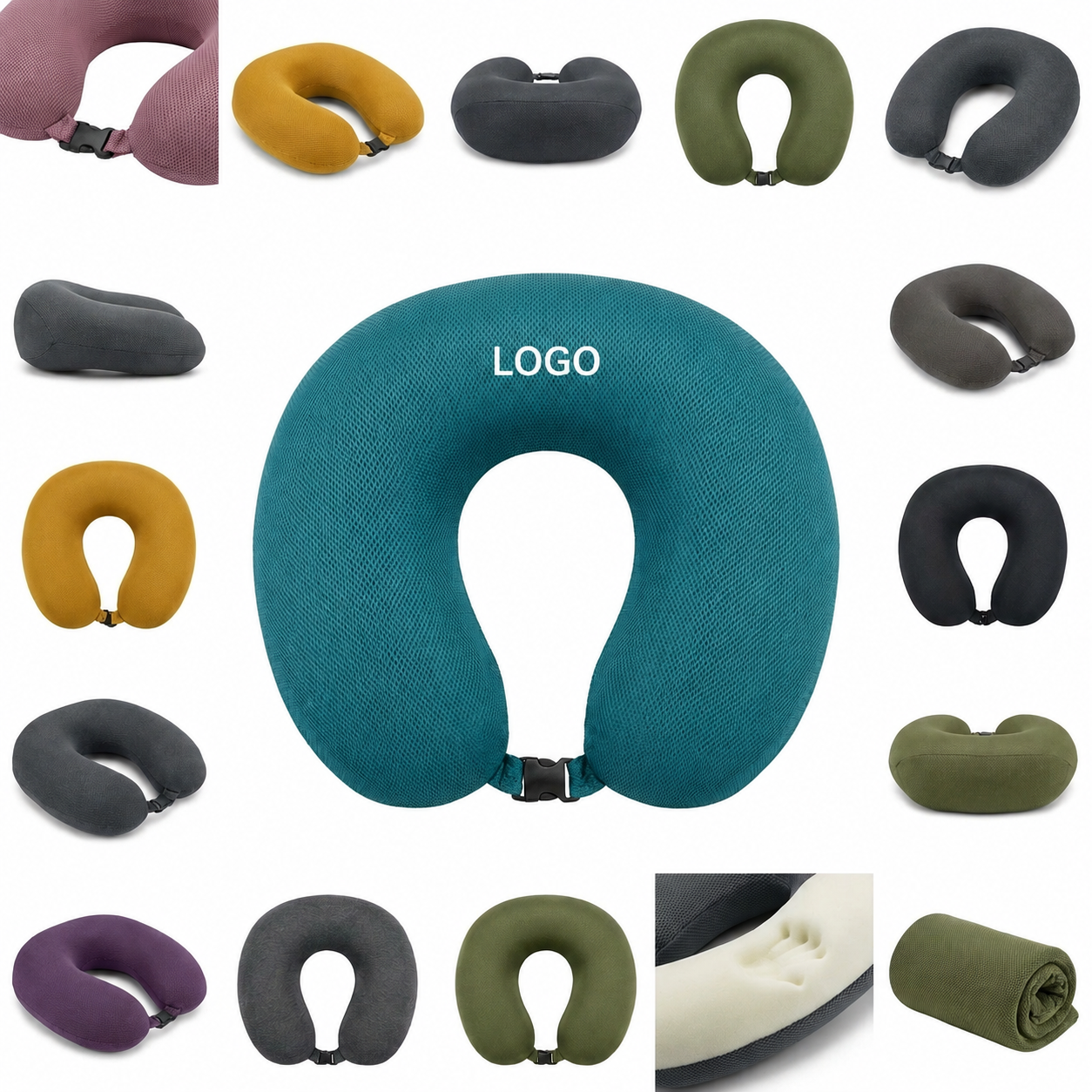 Contoured Memory Foam Travel Neck Pillow with Adjustable Buckle
