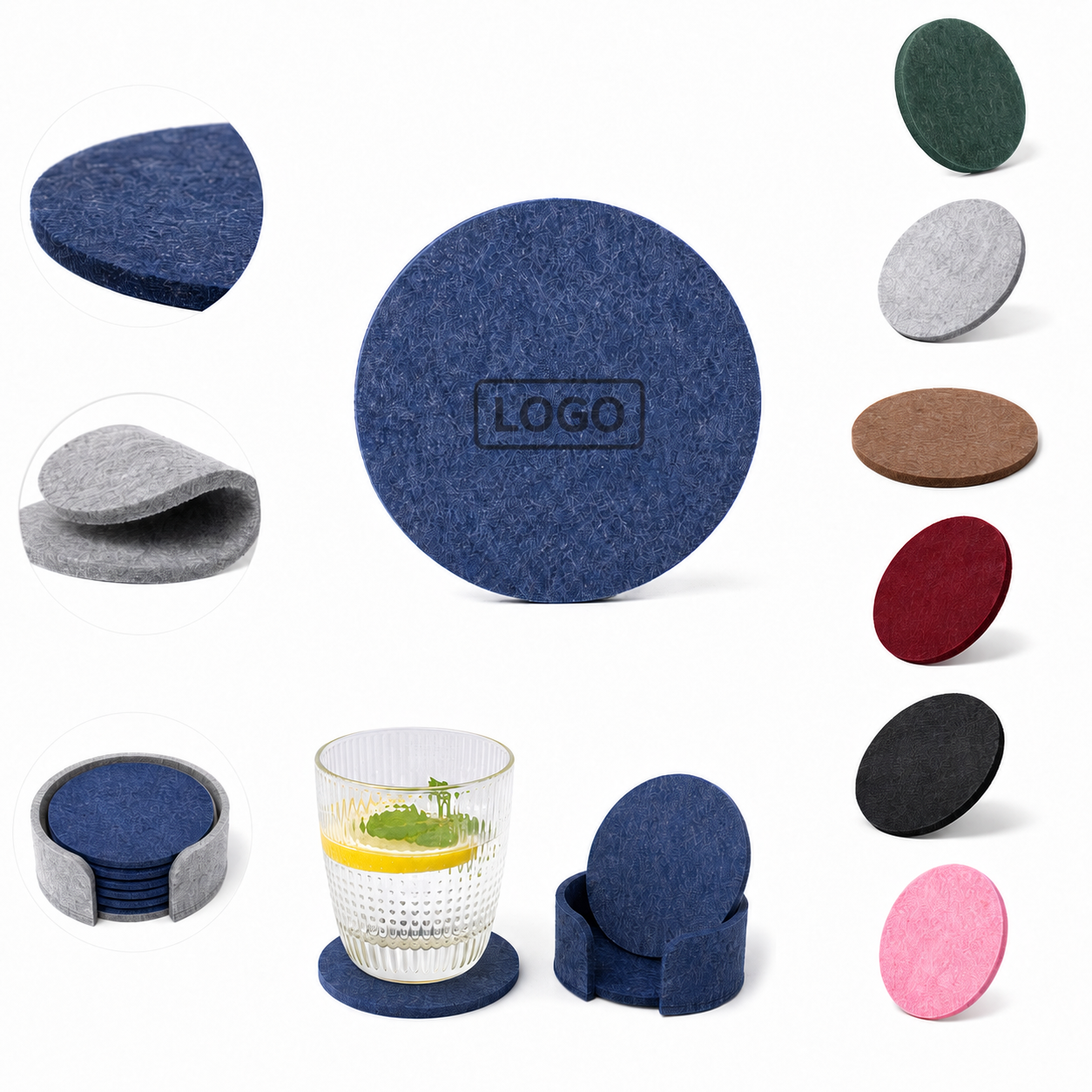 Round Absorbent Felt Coaster Set with Matching Storage Holder